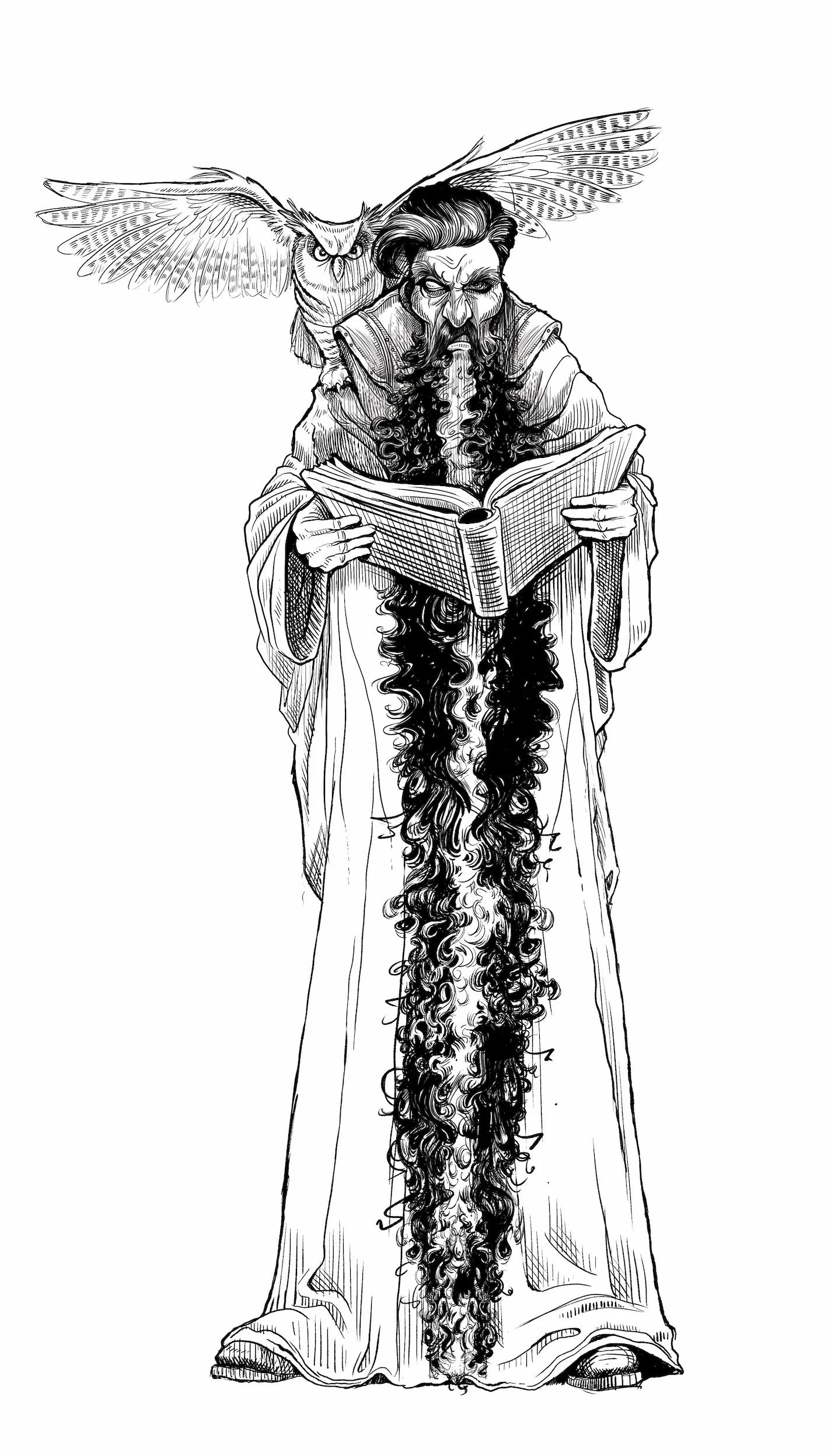 Pen and ink sketch of Gangleri, villain of the North Pole, holding a book, with an owl perched on his shoulder