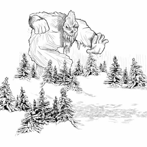 A pen and ink sketch of an ice giant towering over trees