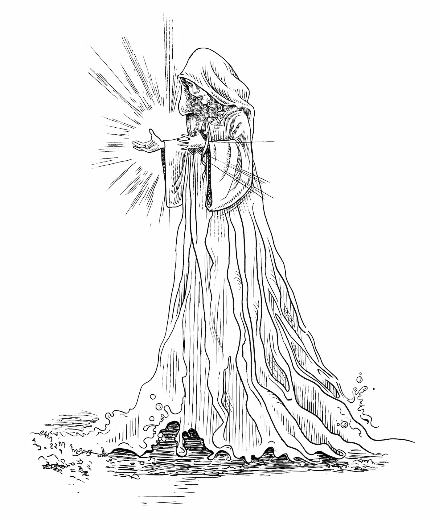 A pen and ink sketch of Mother Earth in a flowing robe with light emanating from her hands