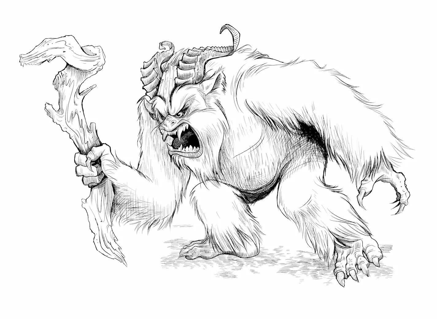 Pen and ink sketch of an ancient yeti, the Saumen Kar who serve Gangleri in The Rise of Nicholas the Noble