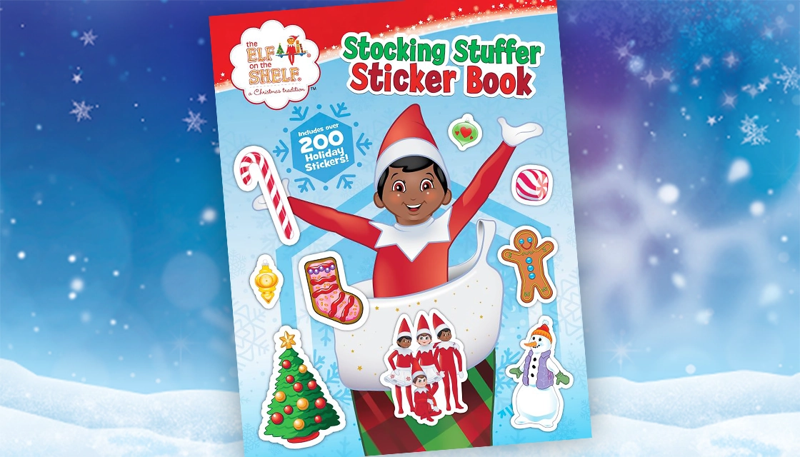 Pictured is the "Stocking Stuffer Sticker Book" book cover. On the cover, a Scout Elf bursts from the top of a plaid Christmas stocking. There are sticker outlines of several festive items, such as a candy cane, gingerbread man, Christmas tree, group of Scout Elves, and more. The background is a wintery snowscape, showing a snow covered ground and blue and purple sky with snow flakes falling.