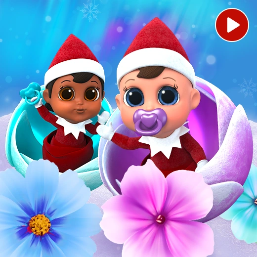 Boy and girl frost pips sitting in frost flowers on a patch of snow. In the background are the northern lights and snowflakes. The boy is sitting in a teal frost flower with a teal pacifier, and the girl is sitting in a pink frost flower with a pink pacifier. Surrounding them are pink, blue, and turquoise frost blooms. In the top right corner is a video icon.