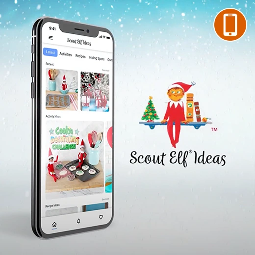 On the left is a mobile phone with the home feed of the Scout Ideas App on the screen. On the right is the Scout Elf Ideas app logo. In the background is a blue, white, and gray snowflake texture. In the top right corner is a mobile phone icon.