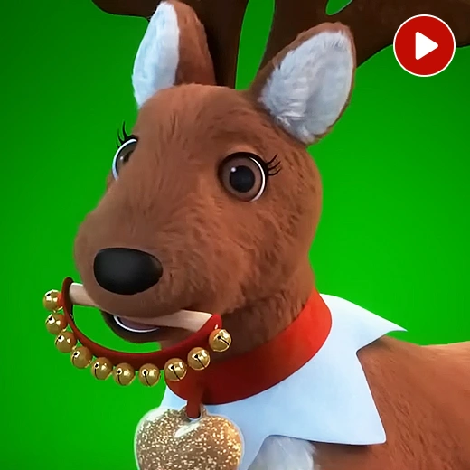 An Elf Pets Reindeer with a tambourine is her mouth over a green background. In the top right corner is a video icon.