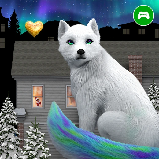 Noorah sitting down with her tail wrapping around her front leg. In the background is a house with a gold heart floating above the roofline. A girl Scout Elf is in one of the windows. Behind the house is a suburban skyline, a night sky, and the northern lights. In the top right corner is a game controller icon.