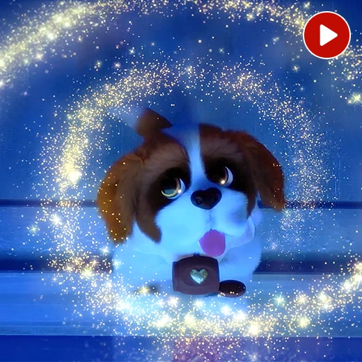 Elf Pets Saint Bernard from overhead with his paws against a window pane. His barrel is open and the magic sparkles inside are swirling out around his head and upwards. In the top right corner is a video icon.