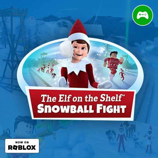 In the center is The Elf on the Shelf Snowball Fight logo that features an elf getting hit in the face with a snowball. The logo is overtop of a scene from the game. In the bottom left is a badge that says Now on Roblox. In the top right corner is a game controller icon.