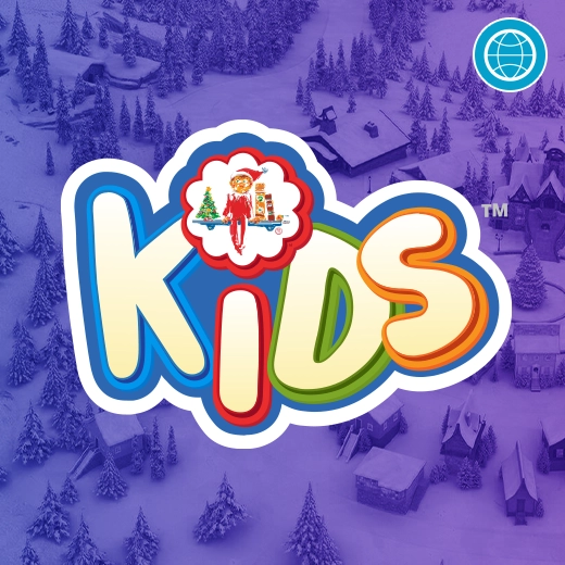 The kids website logo overtop of the aerial view of Santa's North Pole tinted with a blue and purple gradient. In the top right corner is a website logo.