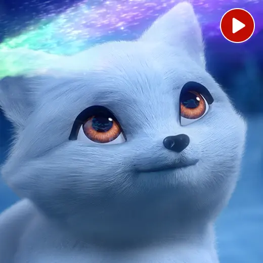 A close-up of an arctic fox cub's face. She is looking up towards the sky. Above her head is a comet with a green, blue, and purple tail. In the top right corner is a video icon.