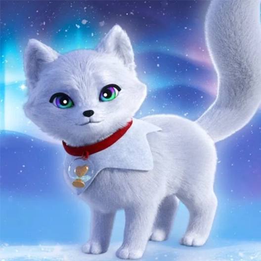 An Elf Pets Arctic Fox standing on a patch of snow. She is smiling and has her tailed raised up. The fox is overtop of a background featuring the northern lights and snowflakes.