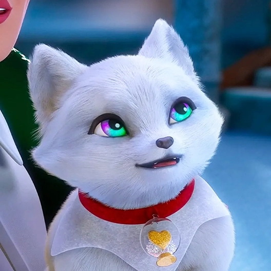 A close-up of an arctic fox cub smiling and looking up to the right. She is being held by Mrs. Claus and Santa's North Pole City Center is in the background.