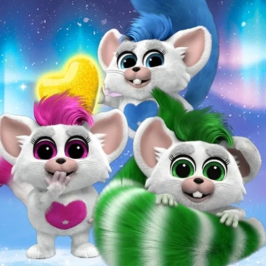 Three Bogies standing in a group on a patch of snow. One Bogie is pink and white, one is blue and white, and one is green and white. They are overtop of a background featuring the northern lights and snowflakes.