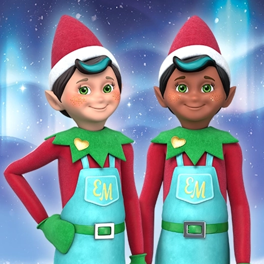 Two smiling chefs standing side by side from the waist up looking forward. The elf on the left has his right hand on his hip and his left arm down at his side. The elf on the right has both arms at his side. The chefs are overtop of a background featuring the northern lights and snowflakes.