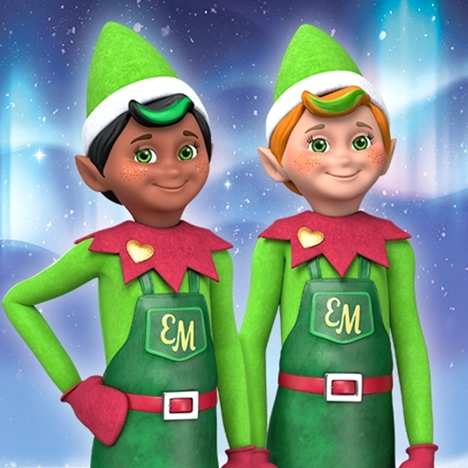 Two smiling cobblers standing side by side from the waist up looking forward. The elf on the left has his right hand on his hip and his left arm down at his side. The elf on the right has both arms at his side. The chefs are overtop of a background featuring the northern lights and snowflakes.