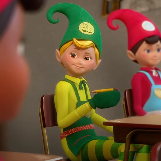 A cobbler sitting at a school desk with a pencil in his right hand. Behind him is a chef sitting at a desk. In the foreground is a profile of an elf's face. The cobbler with a pencil is looking at him with a smirk on his face.