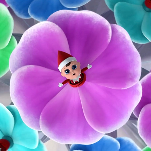 A boy Frost Pip from overhead sitting in a pink Frost Pip Bloom. He is singing and has his arms outstretched to shoulder height and is looking straight upwards.