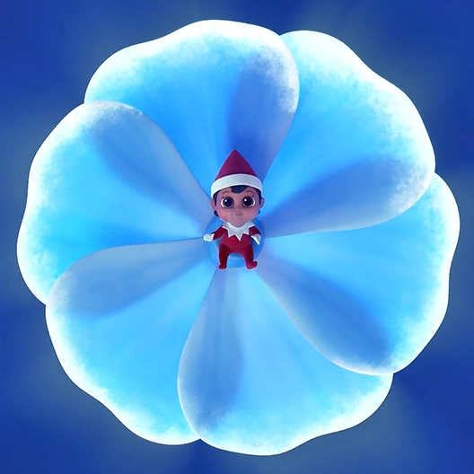 A boy Frost Pip from overhead sitting in a blue Frost Pip Bloom. He is laying on his back and is looking straight upwards.