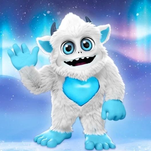 Little Grunt standing on a patch of snow. He is smiling and is waving with his right hand. He is overtop of a background featuring the northern lights and snowflakes.