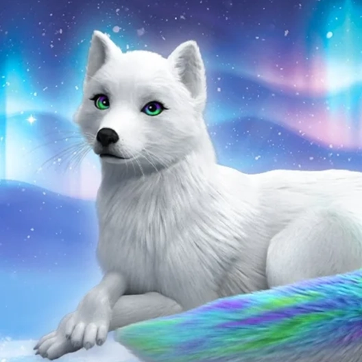 Noorah laying on a patch of snow with her front paws crossed and her tail wrapped around her side. She is overtop of a background featuring the northern lights and snowflakes.