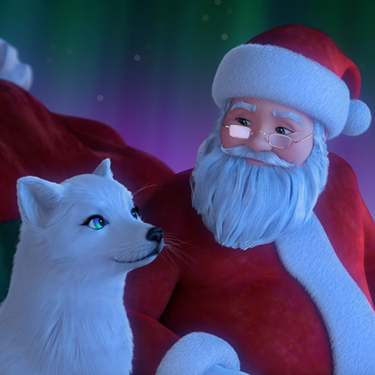 Noorah and Santa Claus sitting next to each other in his sleigh. The are looking at each other and smiling. In the background are the northern lights.