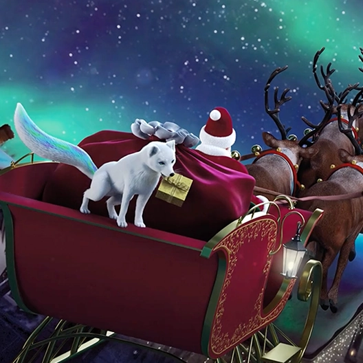 A back view of Santa and the reindeer flying the sleigh through the northern lights. On the back of the sleigh stands Noorah with a Christmas gift wrapped in gold paper and ribbon in her mouth.