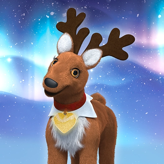 An Elf Pets Reindeer from the knees up smiling and looking straight ahead. The reindeer is overtop of a background featuring the northern lights and snowflakes.