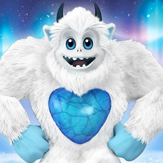 A SnoBiggie Yeti from the waist up standing on a patch of snow. He is smiling and has his hands in fists and resting on his hips. He is overtop of a background featuring the northern lights and snowflakes.