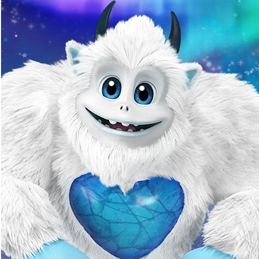 A smiling SnoBiggie Yeti from the waist up. Behind him are the northern lights.
