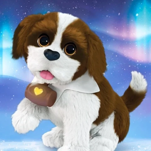 An Elf Pets St. Bernard sitting on a patch of snow. He is smiling and has his right paw and tailed raised up. The St. Bernard is overtop of a background featuring the northern lights and snowflakes.