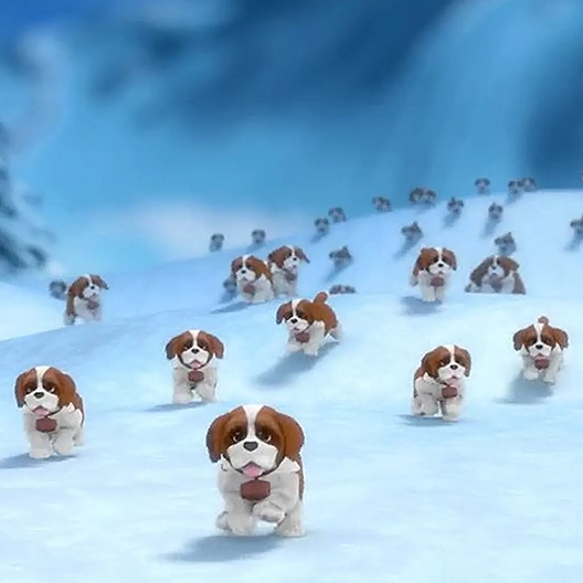 Dozens of St. Bernard pups running over a hilly, snowy landscape.