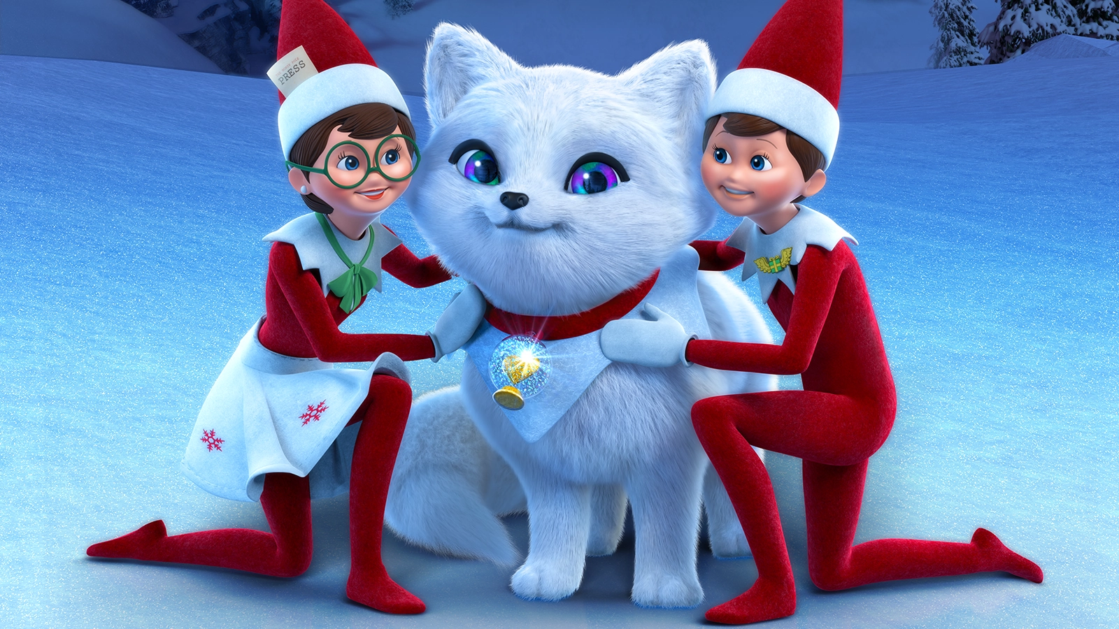 A pair of Scout Elves are flanking an Elf Pets Arctic Fox cub. Her snowglobe charm hangs around her neck on a velvety red collar, and it sparkles and shines. She has a kindhearte, joyful smirk on her face as she looks toward the viewer. One of the Scout Elves is Newsy Noel. She has a card in her hat reading, "PRESS" and is sporting green, round-shaped frames with a matching green scarf.