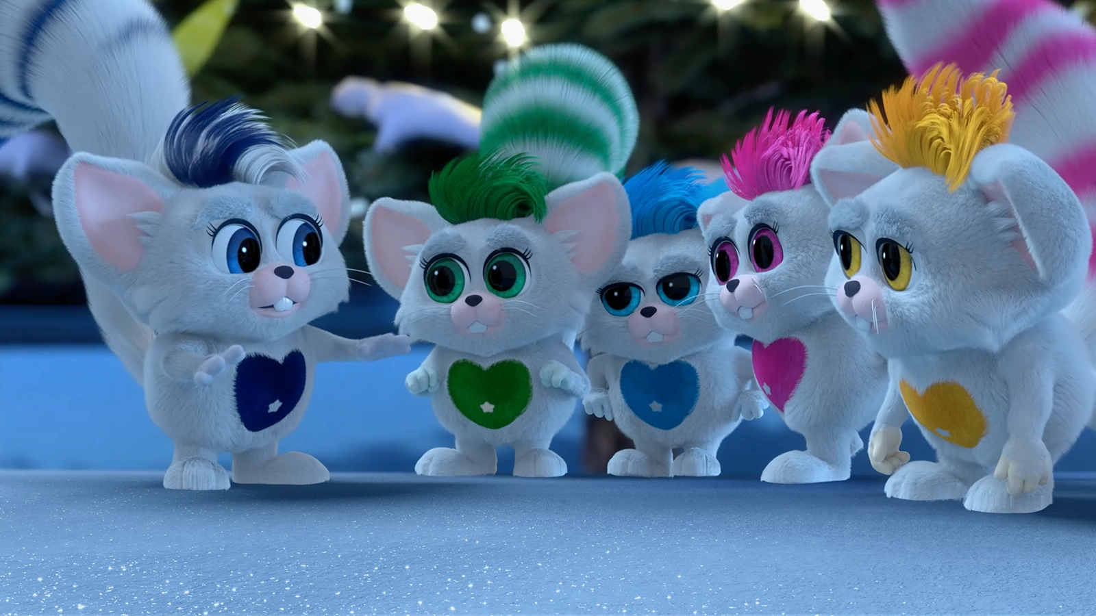 A grouping of Bogies™ are huddled together listening to the leader, Zaspar, as they plan to work together. They appear to be outdoors in a snowy environment at dusk.