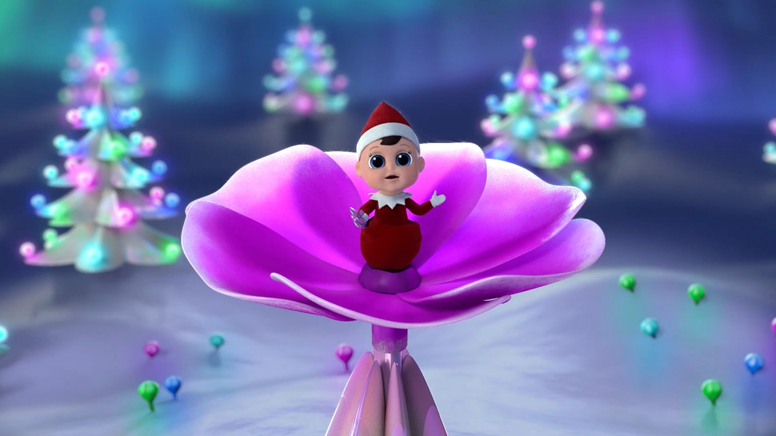A boy Frost Pip is positioned atop a white, shimmery Christmas tree in a pink Frost Bloom. He is singing and has his arms outstretched to shoulder height and is looking straight ahead.