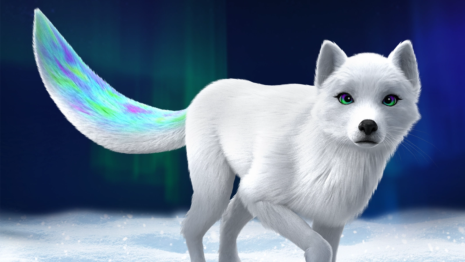 Noorah is posing on snow-covered ground with the Northern Lights on full display in the background. Her stance showcases her regality, with her beautiful tail poised upward and her front-right paw is tucked up as she gazes upon the viewer with her beautiful eyes.