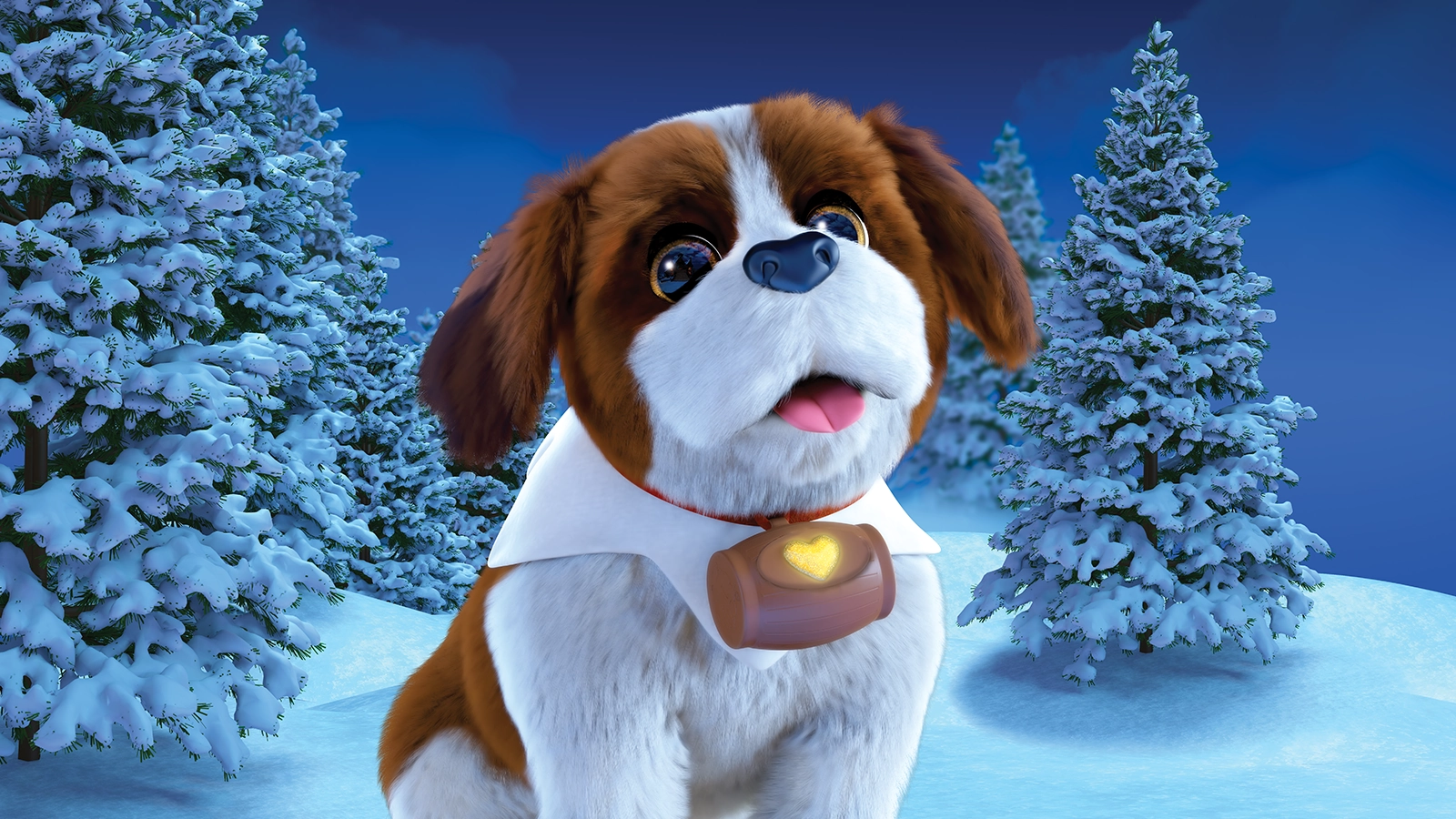 An Elf Pets® Saint Bernard pup with the friendliest face is sitting amidst a snowy terrain with snow-covered conifer trees in the background.