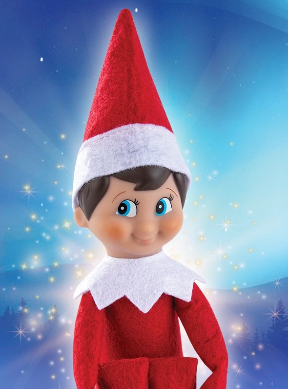 A Scout Elf poses over a wintery, festive snowscape. He is surrounded by stars and light bursts.