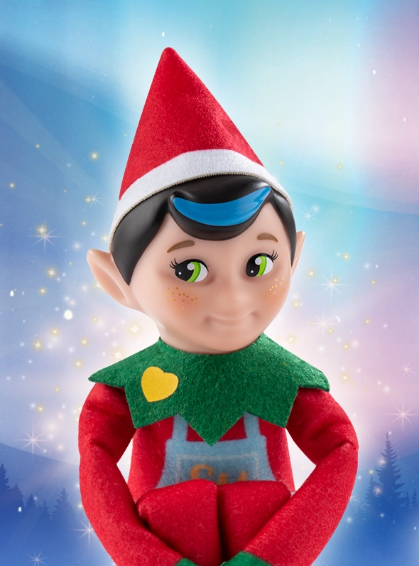 An Elf Mates Chef poses over a wintery, festive snowscape. He is surrounded by stars and light bursts.