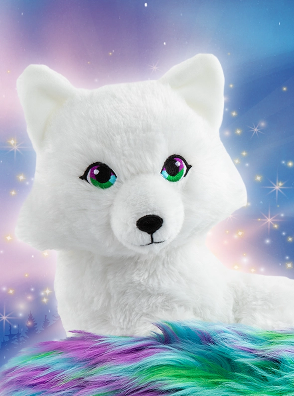 The Noorah plush poses over a wintery, festive snowscape. She is surrounded by stars and light bursts.