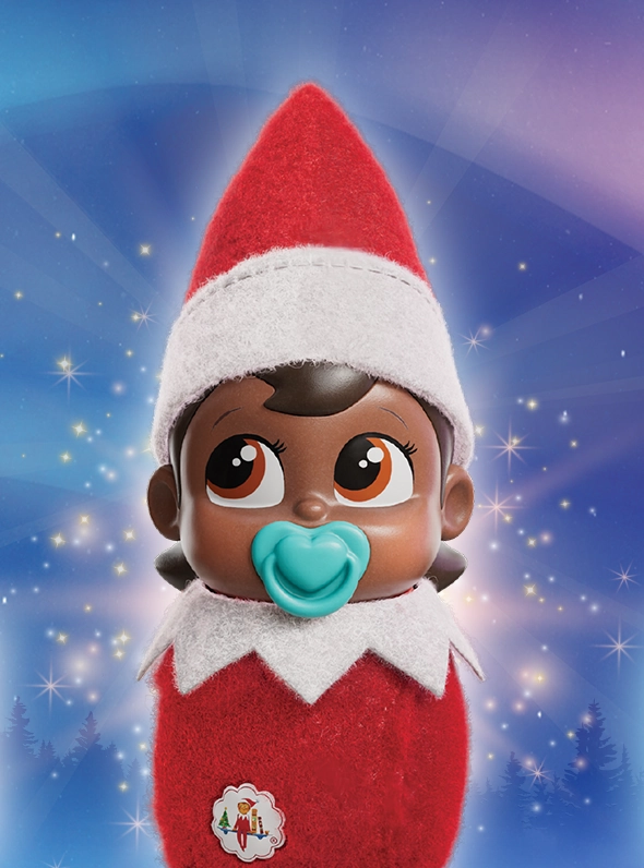 A Frost Pips baby elf poses over a wintery, festive snowscape. She is surrounded by stars and light bursts.