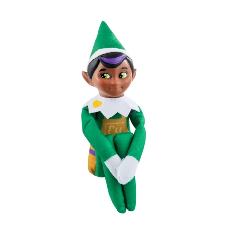 The Elf Mates® Toy Maker with black hair is posed sitting with his arms wrapping over his knees.