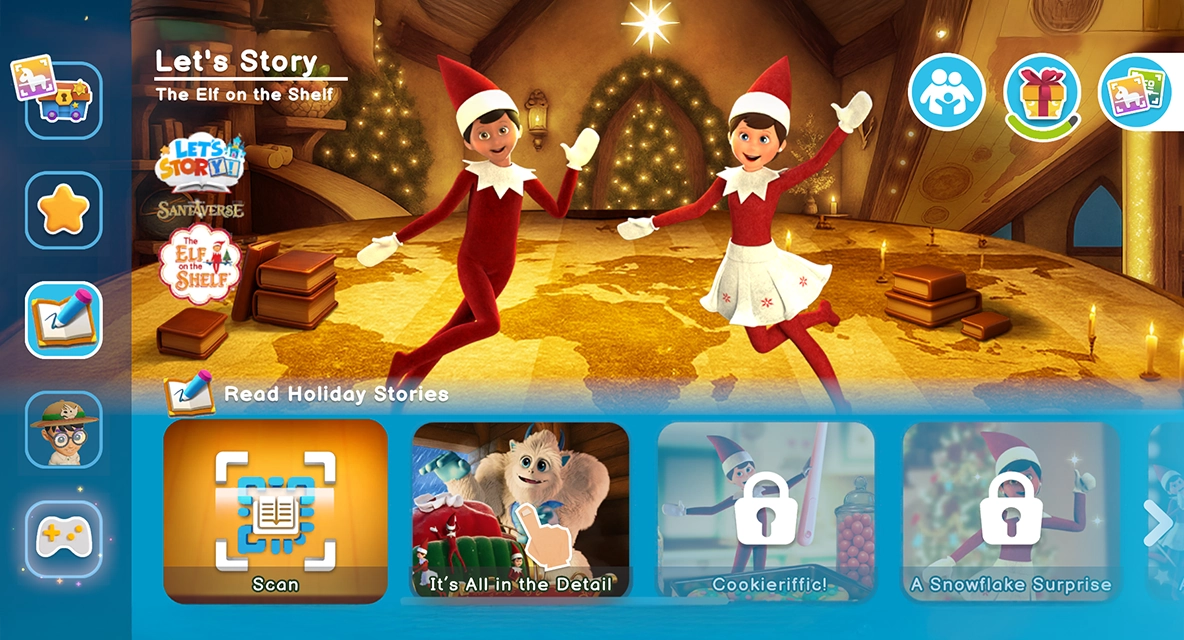 A screenshot from the Kinder Chocolate® Applaydu experience, where your Kinder chocolates unlock 8 exclusive The Elf on the Shelf® storybooks, with immersive 360° storytelling, families can read together and co-create adventures with Santa’s Scout Elves and all their magical North Pole pals. This image features a pair of Scout Elves floating at the home menu of the Applaydu gaming experience.