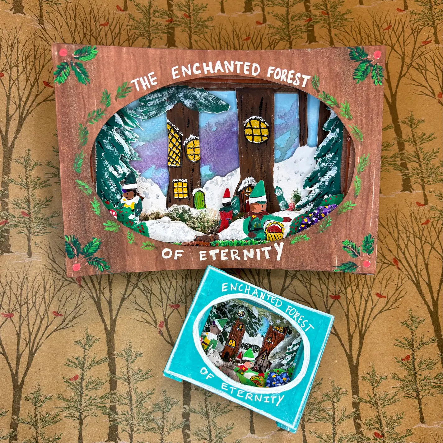 Image depicting a "tunnel book" craft that reveals the Enchanted Forest of Eternity in layers with the Elf Mates working to pick berries