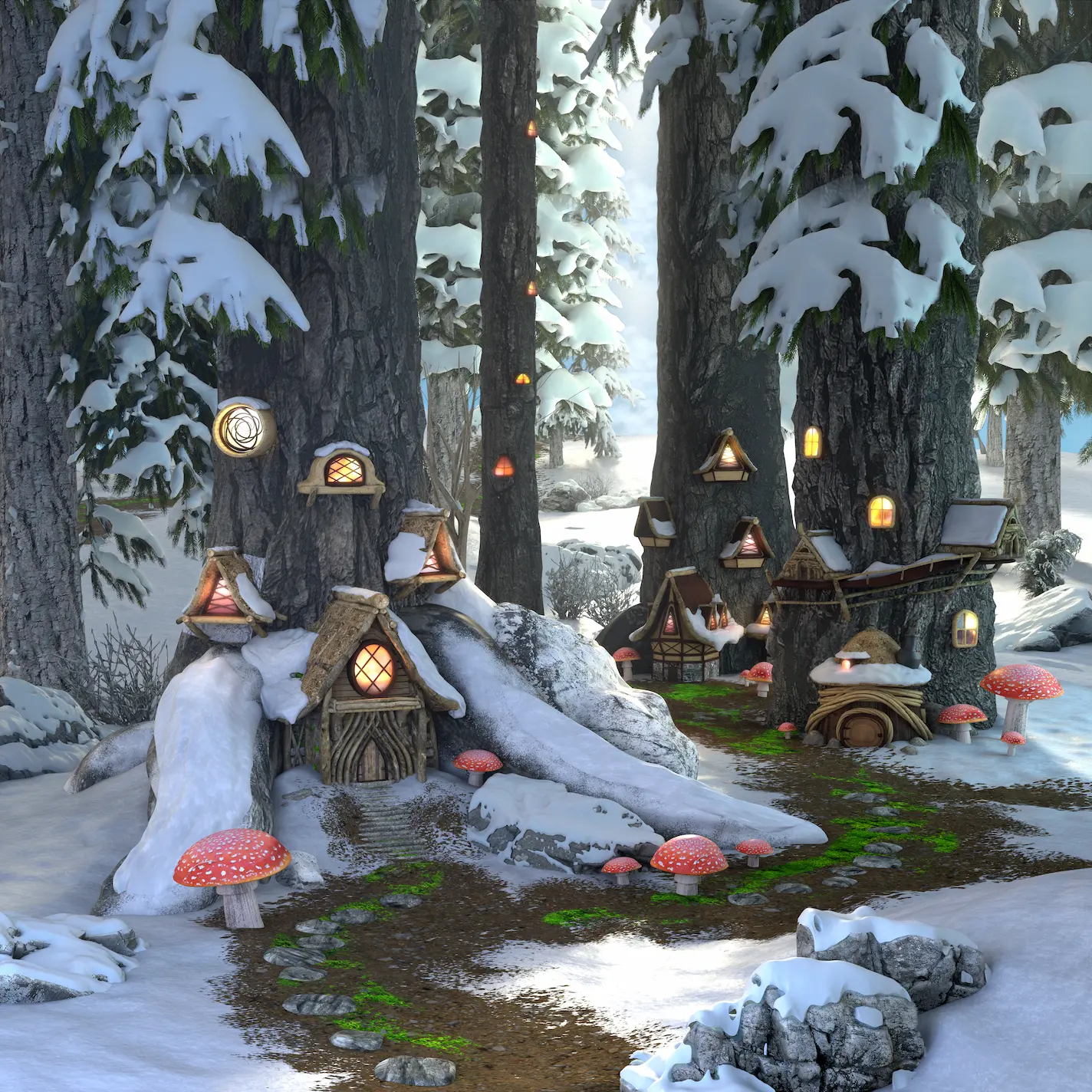 One corner of the Enchanted Forest of Eternity, a realm in Santaverse, with Elf Mates' houses built into tree trunks around a forest path