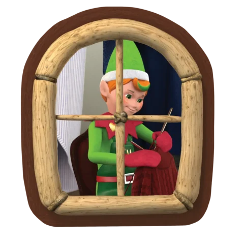 Image shows a window with the Elf Mates Cobbler kniting inside his workshop