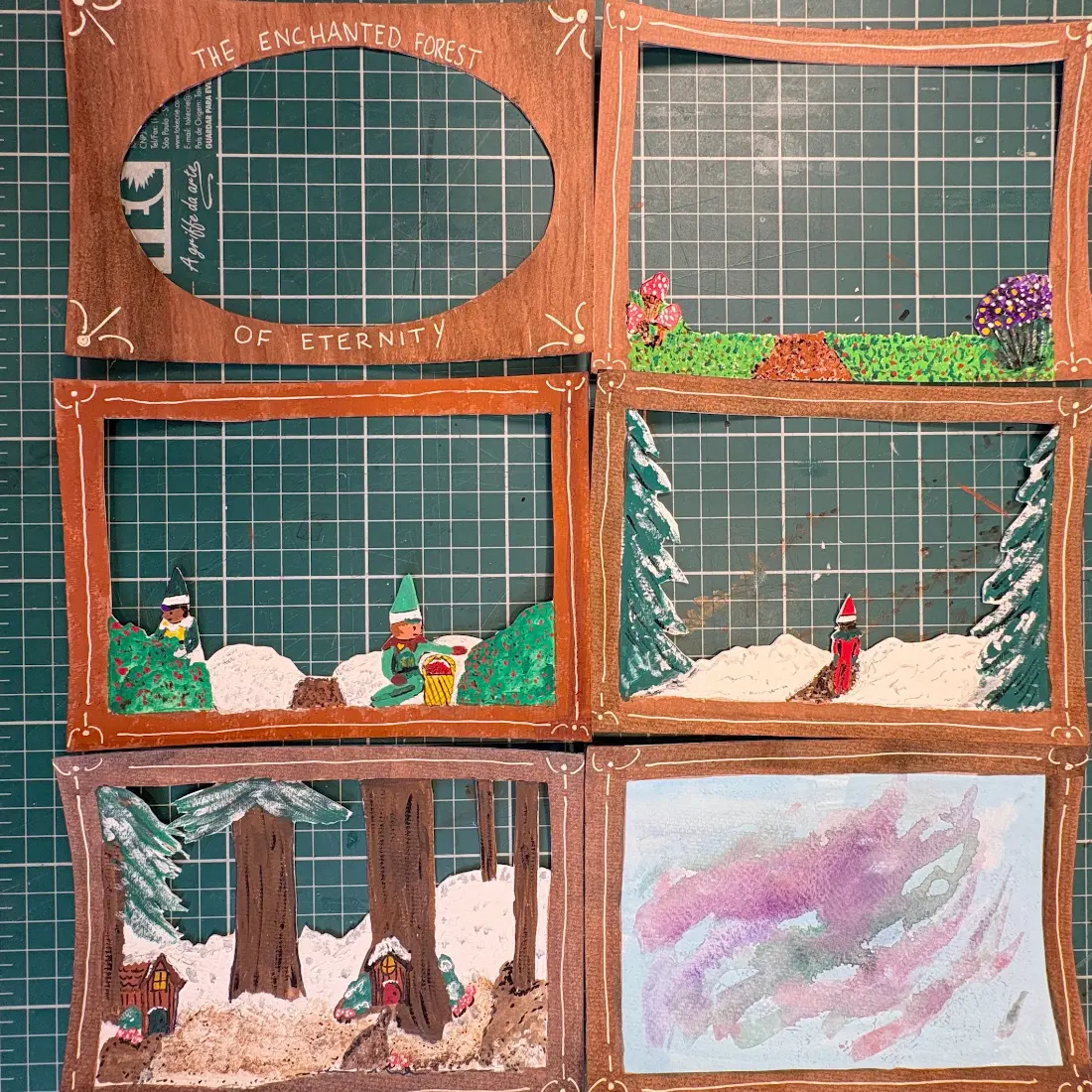 The six painted panels of an Enchanted Forest Tunnel Book