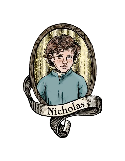 Sketch art of Nicholas the Noble centered in a medieval style frame with 'Nicholas' script on a scroll underneath the frame