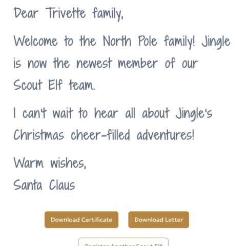 The image contains a letter from Santa Claus welcoming the Trivette family to the North Pole and stating that their elf "Jingle" is the newest member of the Scout Elf team. The letter expresses Santa's excitement to hear about Jingle's Christmas cheer-filled adventures.