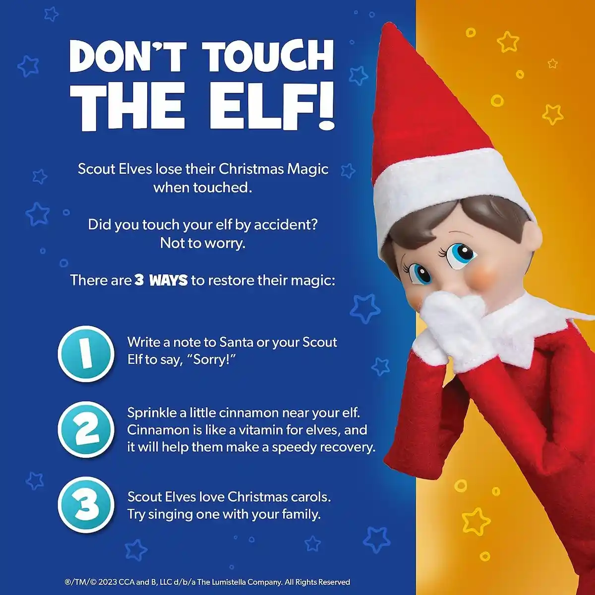 List of things not to do with the Elf on the Shelf with a list of three things and an Elf on the Shelf covering his mouth