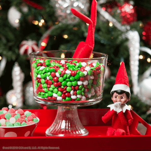 Scout Elf next to bowl of M&Ms and an elf diving in