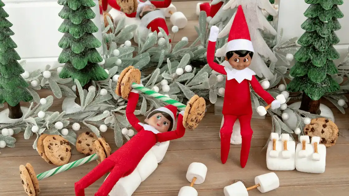 Two Elf Scouts working out with cookie barbells and mushroom dumbbells surrounded by trees.